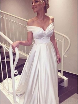 A-line Off-the-shoulder Simple White Long Wedding Dress with Train