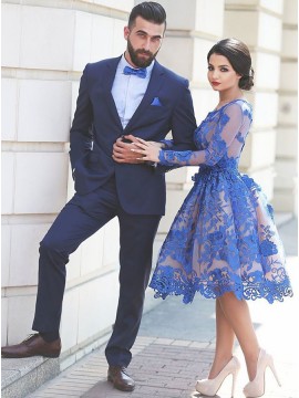 A-Line Round Knee-Length Long Sleeves Royal Blue Homecoming Dress 