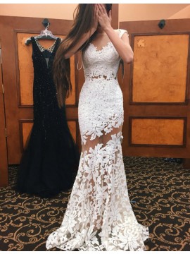 Mermaid Bateau Floor-Length White Lace Prom Dress with Cap Sleeves