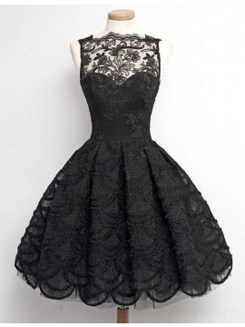 A-Line Bateau Sleeveless Above-Knee Black Lace Homecoming/Prom Dress