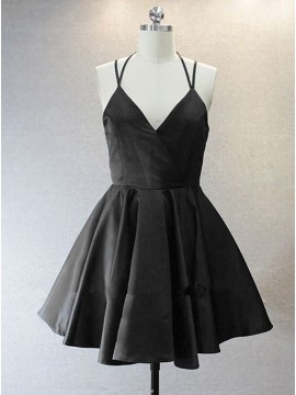 A-Line V-Neck Short Black Satin Homecoming Dress