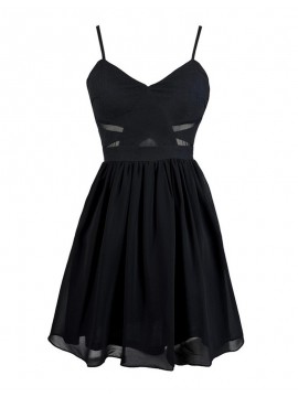 A-Line Spaghetti Straps Sleeveless Black Short Homecoming Cocktail Dress with Pleats