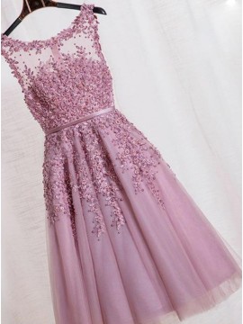 A-Line Crew Neck Lilac Homecoming Dress with Appliques Pearls