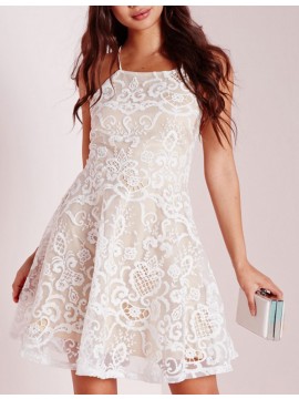 A-Line Halter Criss-Cross Straps Short White Lace Homecoming Cocktail Dress