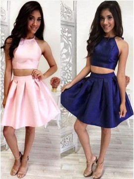 Two Piece Halter Sleeveless Pink Satin Homecoming Dress With Ruched