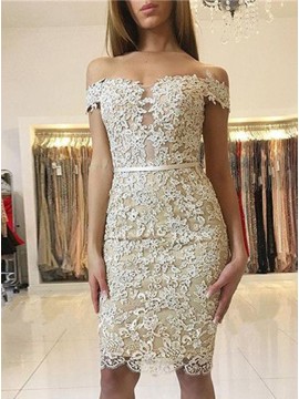 Sheath Off-the-Shoulder Knee-Length Light Champagne Lace Homecoming Dress