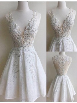 A-Line Deep V-Neck White Lace Short Homecoming Cocktail Dress with Appliques Beading