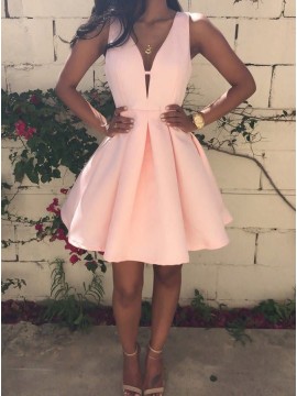 A-Line Deep V-Neck Pink Short Satin Homecoming Dress