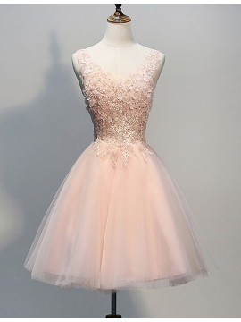 A-Line V-Neck Peach Tulle Short Homecoming Dress with Appliques Beading