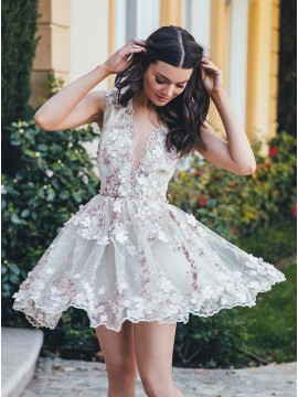 A-Line Deep V-Neck Sleeveless White Tulle Homecoming Dress with Appliques