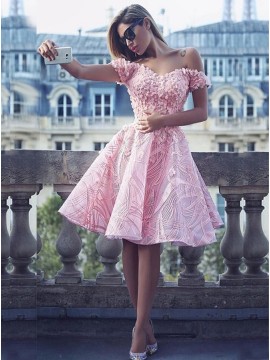 A-Line Off-the-Shoulder Pink Lace Homecoming Dress with Appliques