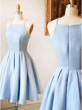 A-Line Spaghetti Straps Knee-Length Sky Blue Satin Prom Homecoming Dress