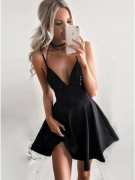 A-Line Spaghetti Straps Sleeveless Short Black Satin Homecoming Dress