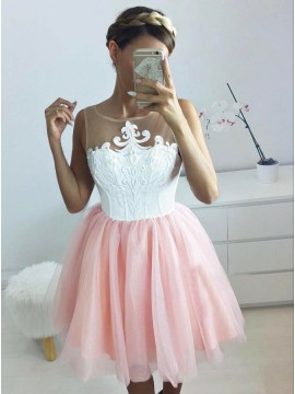 A-Line Jewel Appliques Blush Tulle Homecoming Dress