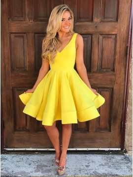A-Line V-Neck Sleeveless Short Yellow Satin Homecoming Dress