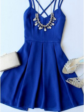 A-Line Spaghetti Straps Royal Blue Stretch Satin Homecoming Dress