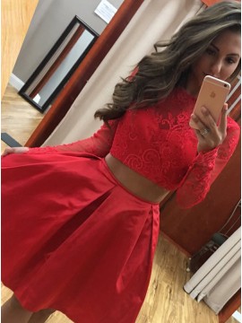 A-Line Bateau Long Sleeves Above-Knee Red Satin Homecoming Dress with Beading