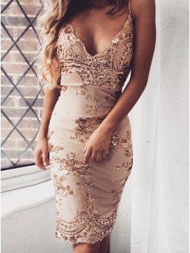 Sheath Spaghetti Straps Knee-Length Champagne Cocktail Dress with Sequins