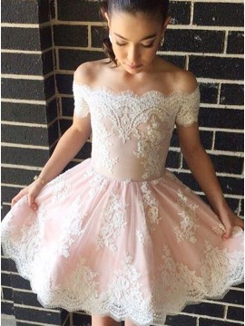 A-Line Off-the-Shoulder Appliques Short Pearl Pink Homecoming Dress