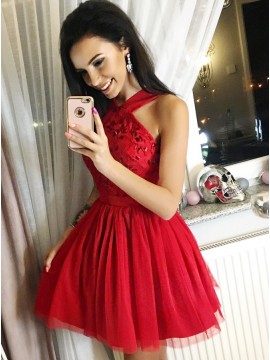 A-Line Cross Neck Short Red Tulle Homecoming Dress with Beading