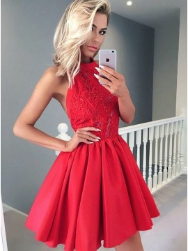 A-Line Jewel Backless Red Homecoming Dress with Appliques