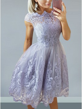 A-Line Bateau Cap Sleeves Lilac Homecoming Dress with Appliques