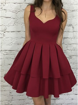 A-Line V-Neck Sleeveless Short Tiered Burgundy Homecoming Party Dress