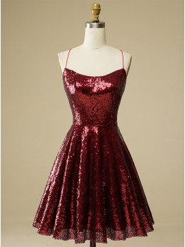 Sequin Criss-Cross Straps Burgundy Homecoming Dress