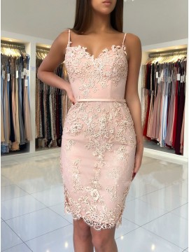 Sheath Spaghetti Straps Short Pink Party Dress with Appliques