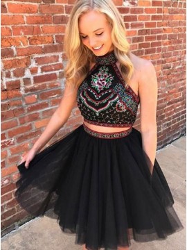 Two Piece Halter Above-Knee Backless Black Homecoming Dress with Embroidery