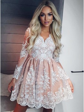 A-Line V-Neck Long Sleeves Short Pink Lace Homecoming Dress with Appliques