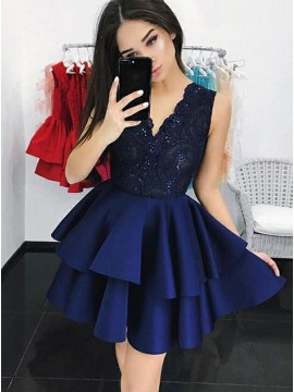 A-Line V-Neck Short Navy Blue Tiered Homecoming Dress with Lace