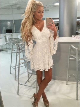 A-Line V-Neck Open Back Bell Sleeves Short White Lace Homecoming Dress