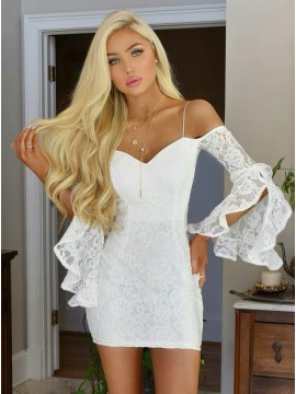 Sheath Off-the-Shoulder Bell Sleeves Short White Lace Homecoming Cocktail Dress