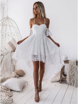 A-Line Spaghetti Straps High Low White Lace Prom Homecoming Dress