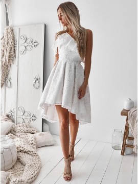 A-Line One Shoulder High Low White Lace Prom Homecoming Dress with Ruffles