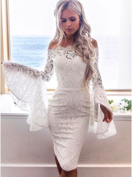 Sheath Off-the-Shoulder Bell Sleeves Knee-Length White Lace Homecoming Dress