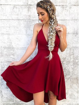 A-Line Spaghetti Straps Sleeveless High Low Burgundy Homecoming Dress