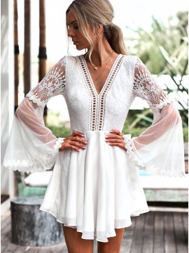 A-Line V-Neck Open Back Bell Sleeves Short White Chiffon Homecoming Dress with Lace