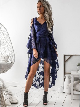 A-Line V-Neck Bell Sleeves High Low Navy Blue Chiffon Prom Homecoming Dress