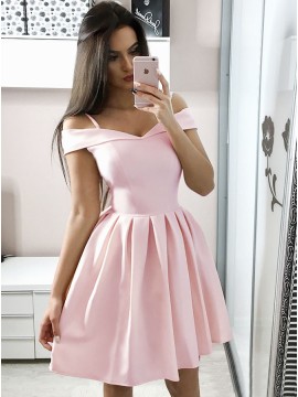 A-Line Off-the-Shoulder Above-Knee Pink Satin Homecoming Dress with Pleats