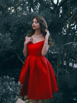 A-Line Off-the-Shoulder Knee-Length Red Homecoming Dress with Pleats