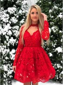 A-Line Short Red Lace Homecoming Dress with Beading Keyhole