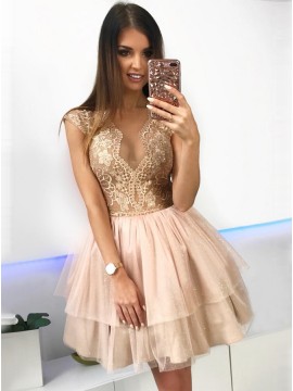 A-Line Crew Above-Knee Champagne Tiered Homecoming Dress with Lace