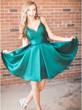 A-Line Spaghetti Straps Simple Short Dark Green Homecoming Dress