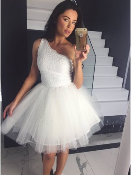 A-Line One Shoulder Above-Knee White Homecoming Party Dress with Lace