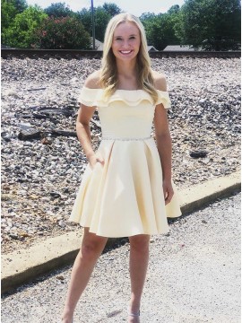 Off-the-Shoulder Short Sleeves Yellow Homecoming Dress with Pockets