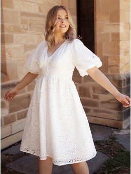 Simple White Lace Short Dress with Sleeves