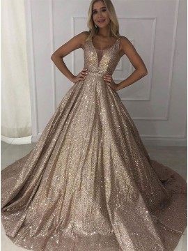 A-Line Champagne Prom Dress Long Glitter Evening Dress