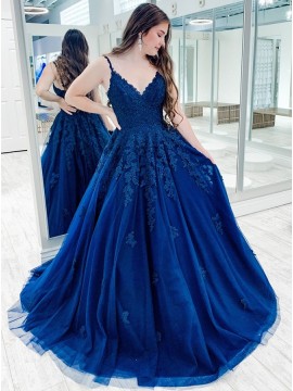 Blue Appliques Long Prom Dress